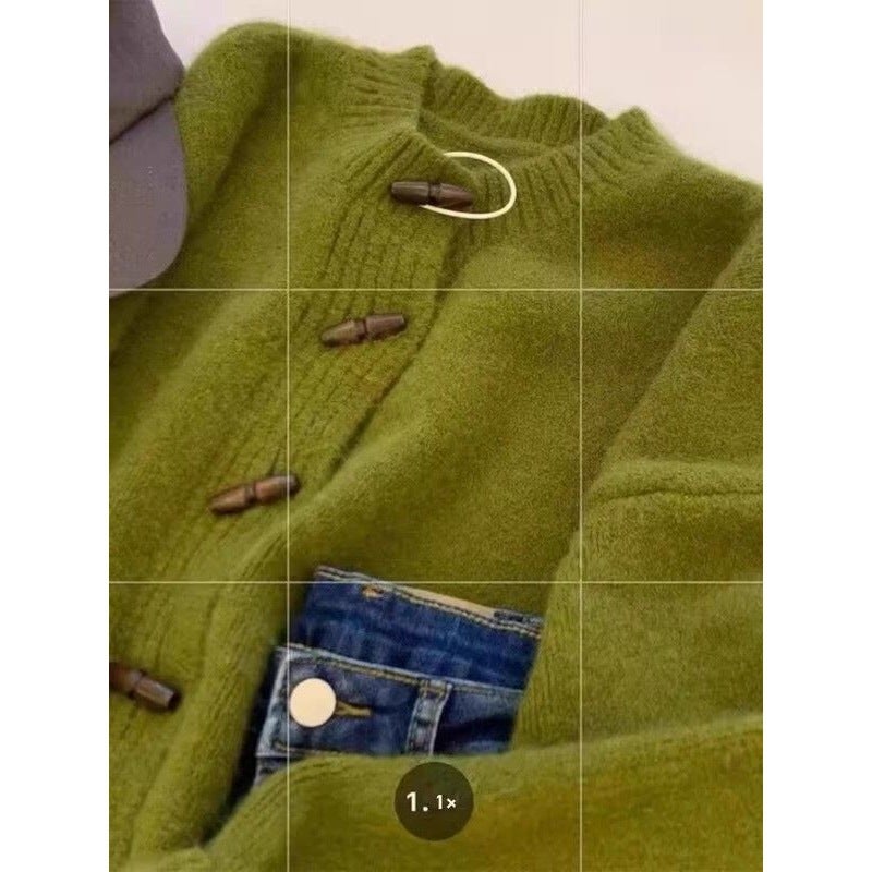 Green Horn Button Knitted Cardigan For Women, European Style Raccoon Fleece Thickened Winter Outerwear Sweater Jacket New Arrival - Image 2